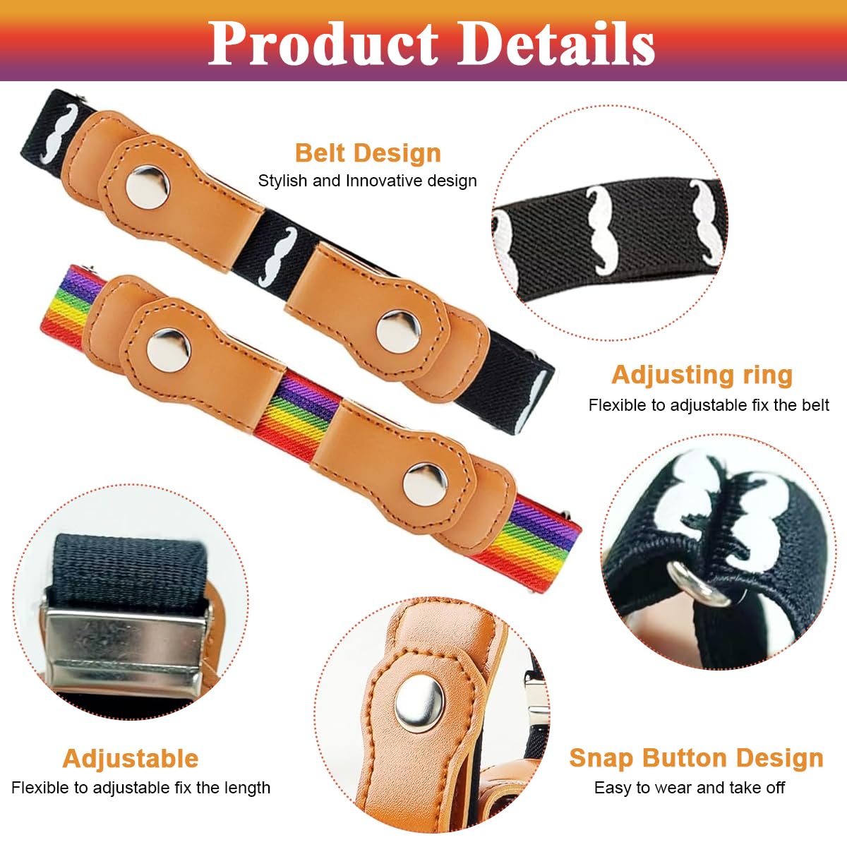 SNOWIE SOFT 2Pcs Kids Adjustable Waist Belt Buckle Free Webbing Nylon Stretchy Jeans Belt with Snap Button Closure Buckle Free Rainbow Waist Belt for Boys and Girls