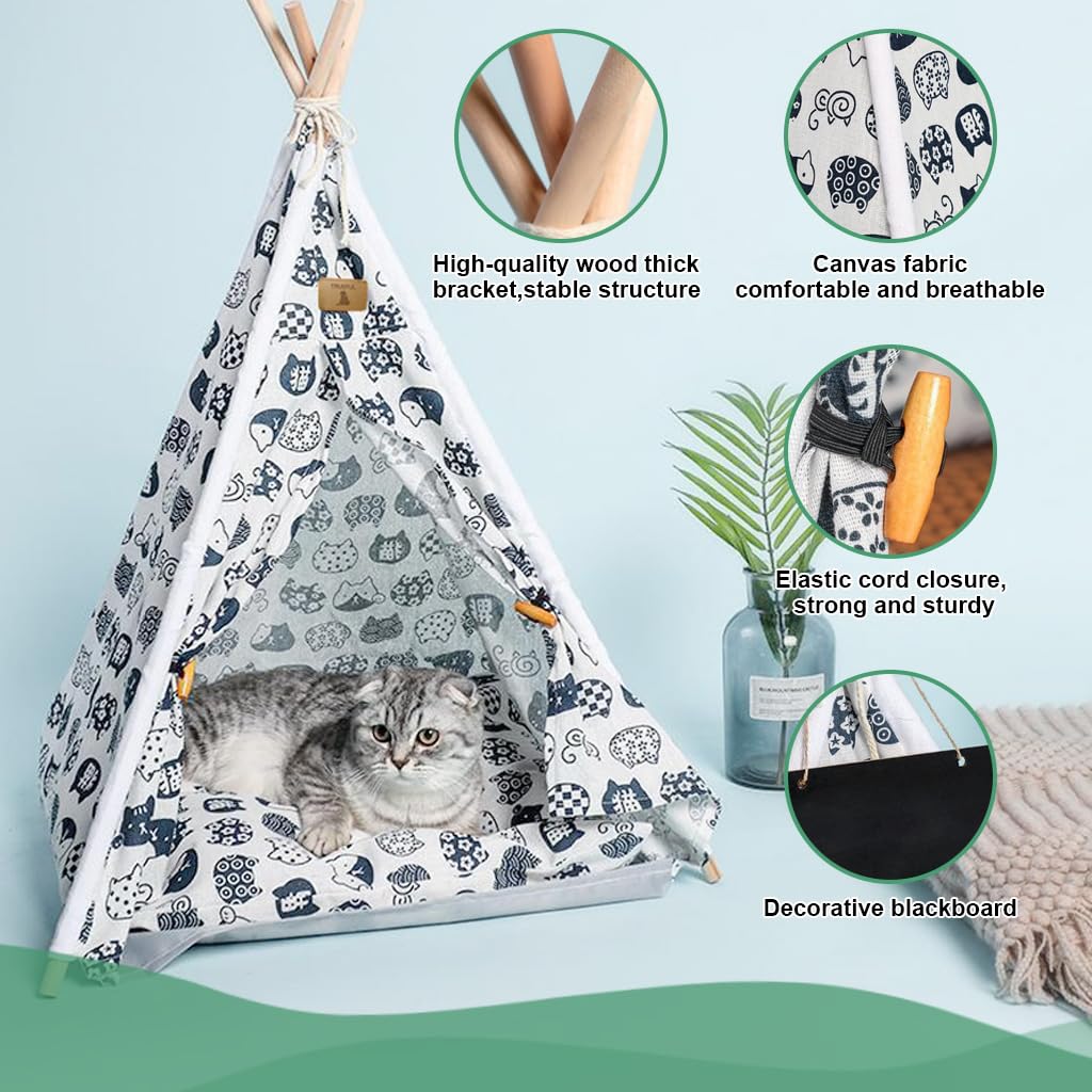 Qpets Cat House Cat Beds for Indoor Cats Puppy Bed Dog House Dog Bed Tent Pet Bed Print Pet Teepee with Cushion Pillow, Assemble Tent Bed for Kitten, Cat, Dog, All Season Use