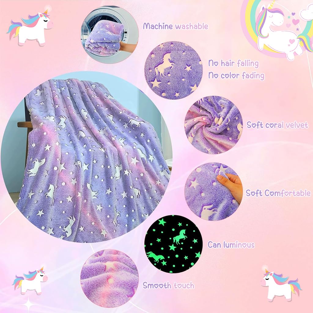 ZIBUYU Winter Blanket for Kids Girls Flannel Blanket Warm Soft Night Glow in Dark Furry Safe Luminous Unicorn AC Blanket for Boys & Girls (70 x 60 inch) - Purple