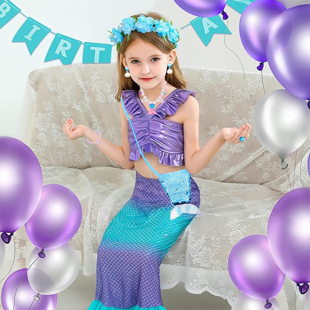 SANNIDHI Girls Mermaid Jewelry Set of 6Pcs Mermaid Faux Pearl Necklace Bracelet Earring Ring Hair Clip Set Mermaid Sequin Bag Birthday Gift for Girls Princess Christmas Gifts