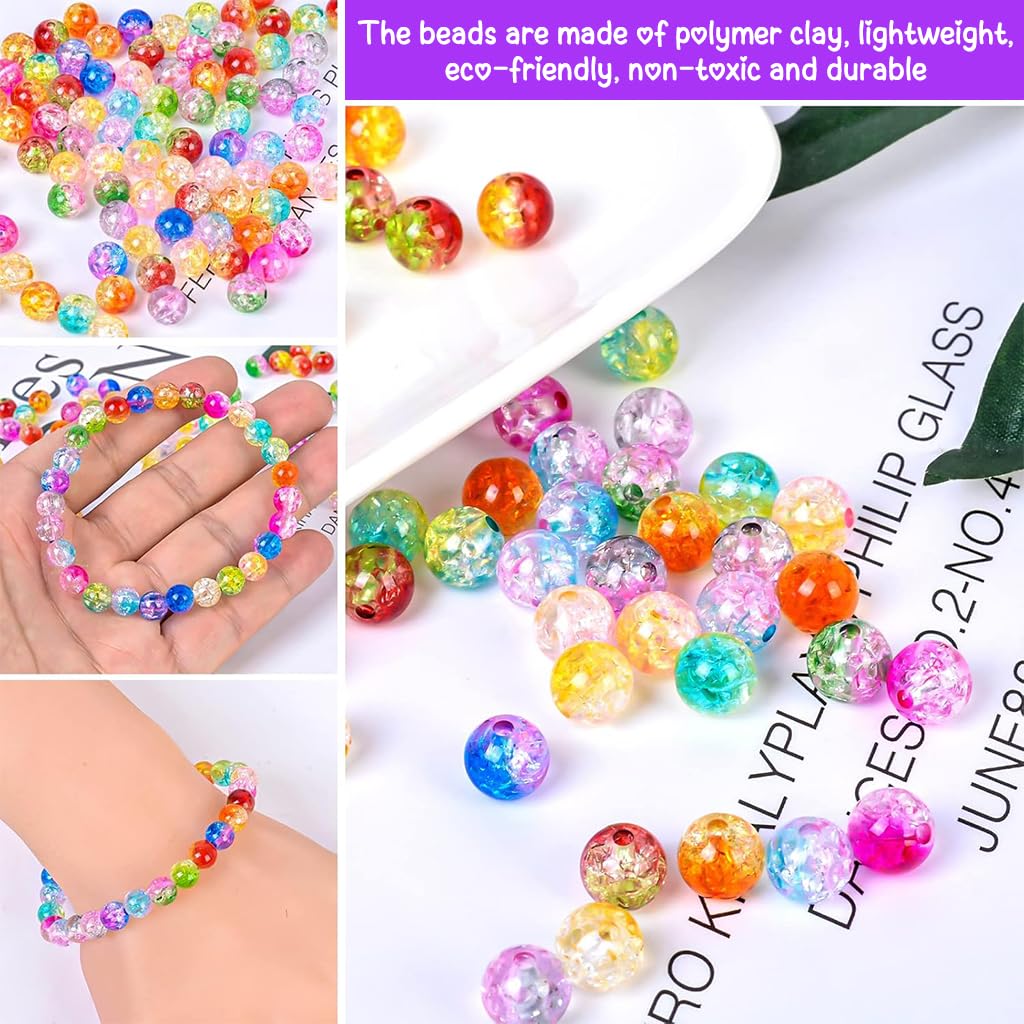SANNIDHI 300Pcs Crack Glass Beads for Jewellery Making, 8mm Round Bracelet Beads Set, Random Colorful Crystal Beads for Kids Activity, Acrylic Beads Kit for Adults Girls DIY Bracelet Necklace Making