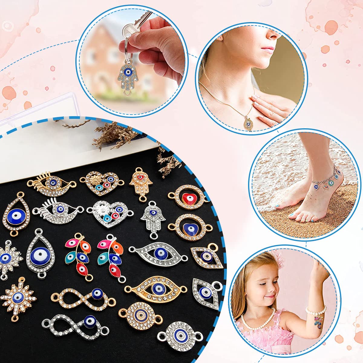 MAYCREATE 22pcs Evil Eye Rhinestone Golden Charms Pendants Connectors, Pendant Charms For Key Chain Earring Necklaces Bracelet DIY Crafts