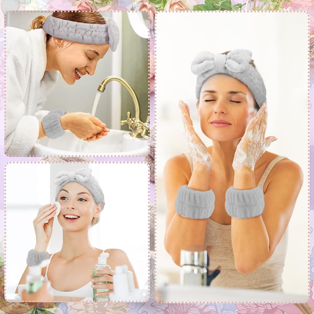 MAYCREATE Spa Headband & Wristband Set for Washing Face, Soft Makeup Bowknot Headband for Women Girls, Super Absorbent Flannel Sweat Wrist Band Towel for Face Wash, Yoga, Fitness (Grey)