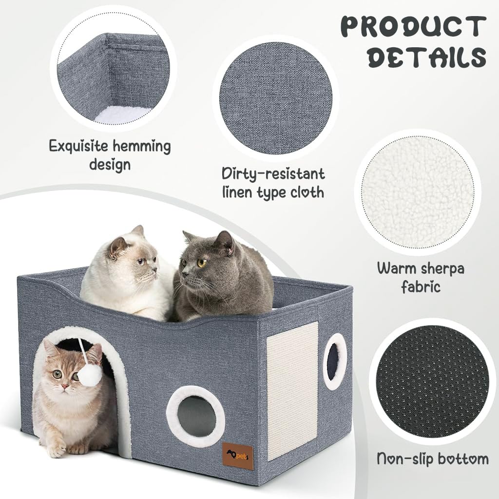 Qpets Cat Bed, Large Cat House, Foldable Cat Cave for Pet Cat House with ATOP Platform & Cat Scratcher Board, Double Layer Cat House Cat Hidewawy Game Tunnel for All Season Use