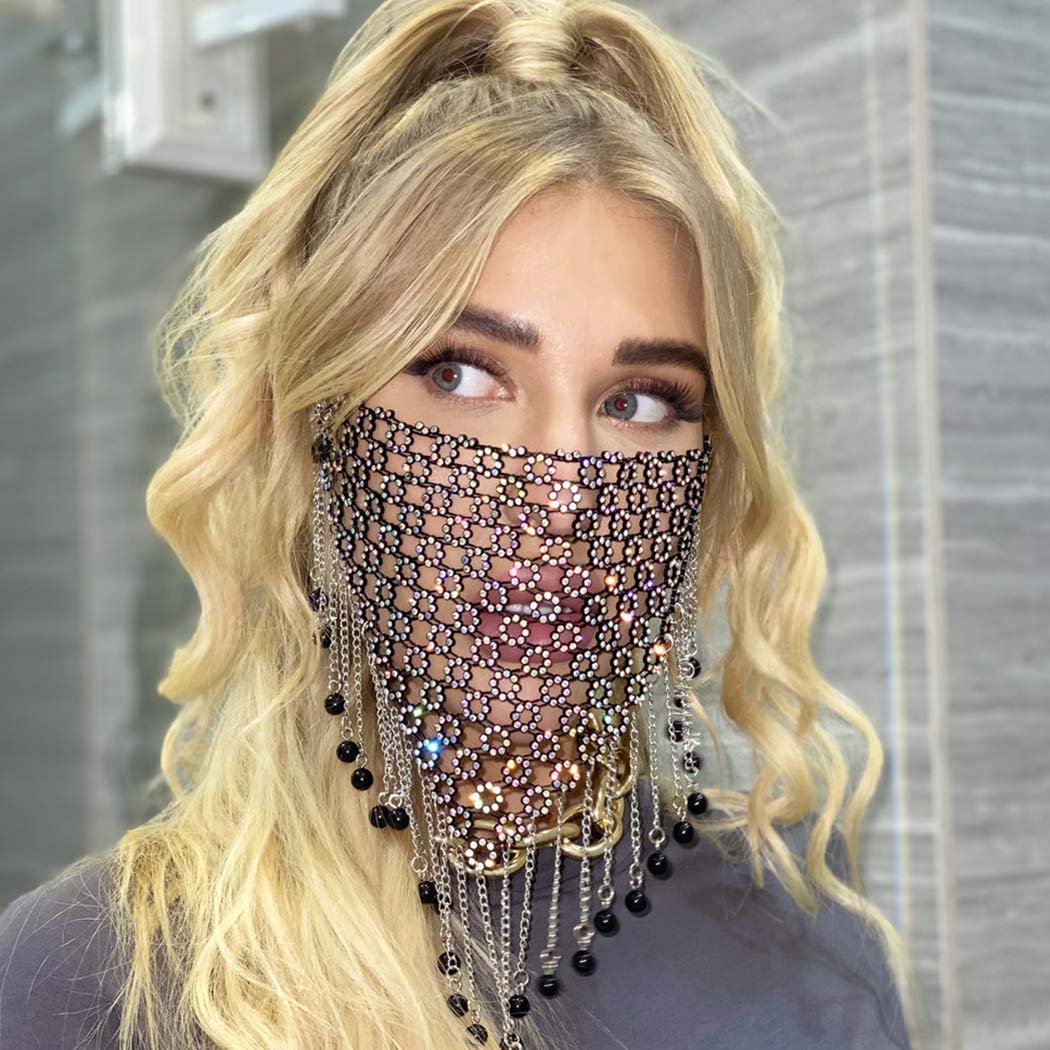 PATPAT Tassel Mask for Women, Masquerade Masks, Sparkly Crystal Metal Mesh Mask, Black Tassel Beads Chain Masks for Performance, Prom, Costume Party Festival Rave, Masquerade Party
