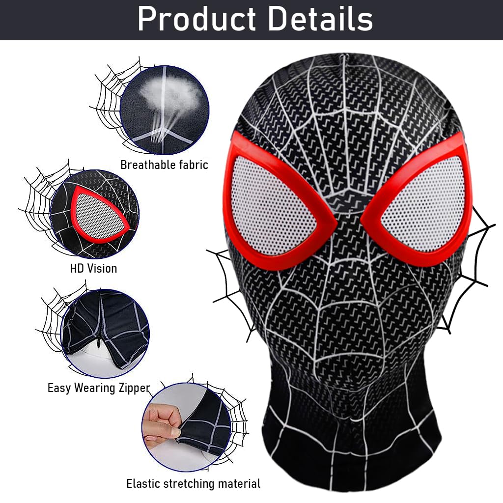 FANCYKU 3D Spider-Man Mask and Gloves Gift, Spiderman Masks Spider Man Cosplay Costumes Superhero Lenses for Adult Kids, Role Play Superhero Masks for Halloween Masquerade Cosplay (Black)