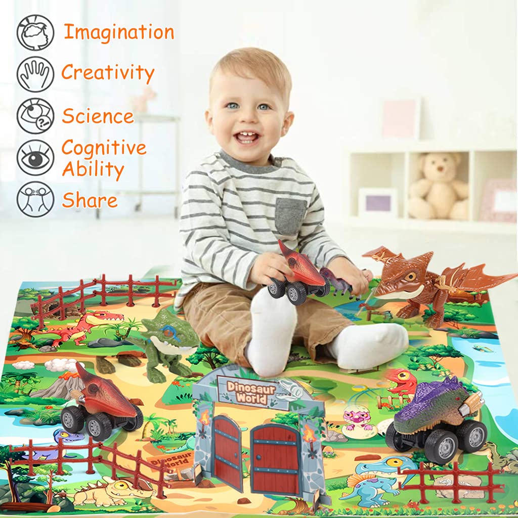 PATPAT Dinosaur Toys for Kids Dinosaur Car with Activity Play Mat, Dinosaur Figures Realistic Dinosaur Playset Pull Back Car Toys for Creating Dinosaur World Gifts for Kids Boys Girls 3-8 Years Old