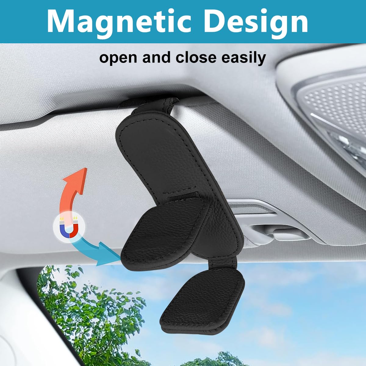 STHIRA Car Sunglasses Holder, Clip On Sunglasses Holder for Car, Magnet Sunglasses Holder for Sun Visor, Double Position PU Car Sunglasses Holder Clip for Versatile Card Receipt Holder Drive License Clamp