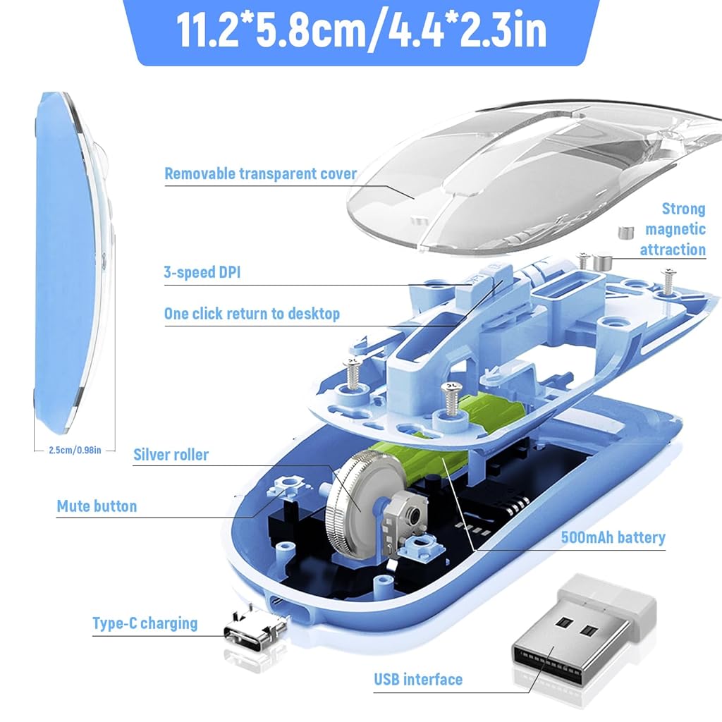 Verilux Transparent Wireless Mouse, Rechargeable Dual Modes 2.4G & 5.1 Bluetooth Mouse for Laptop