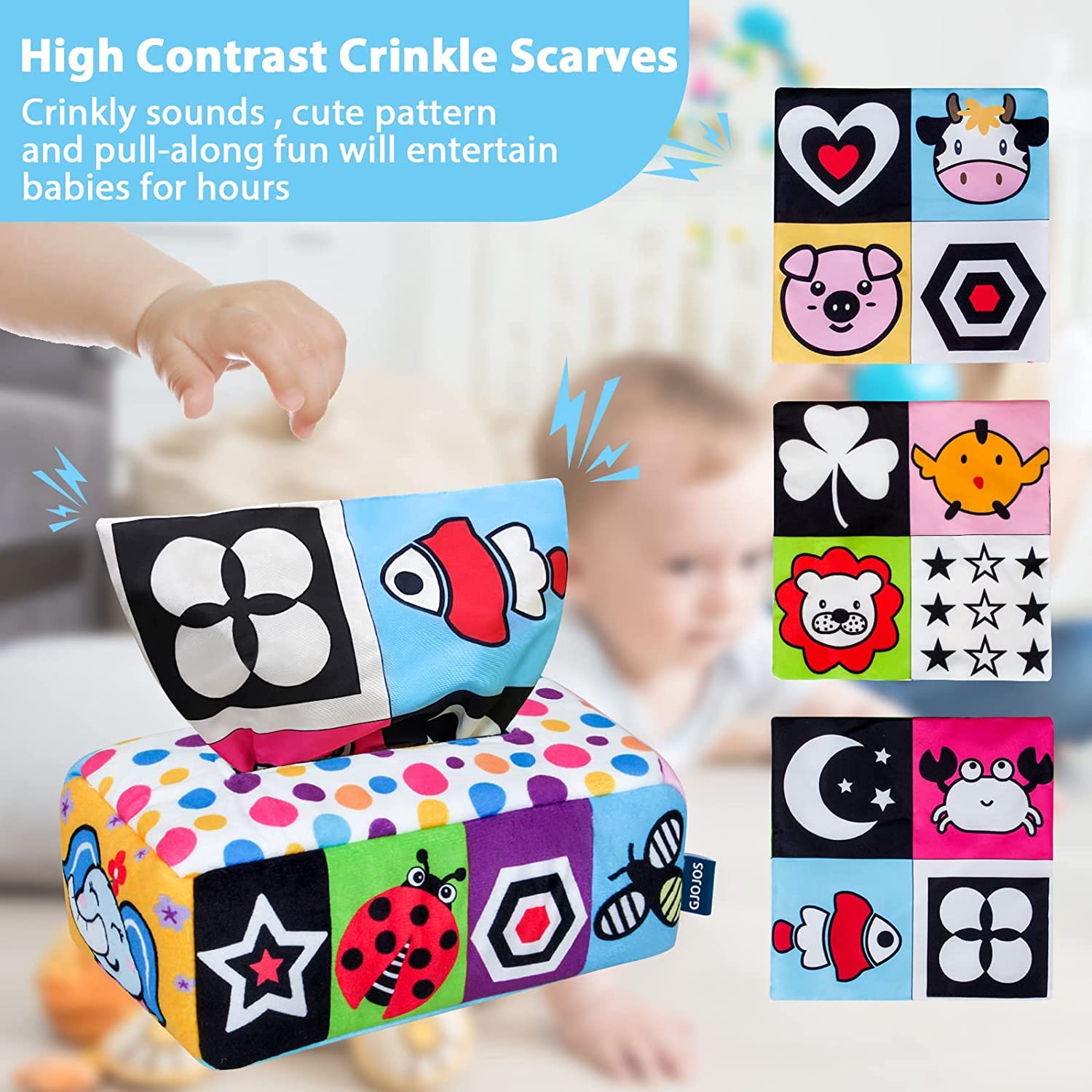 SNOWIE SOFT Baby Tissue Box Toy,Soft Stuffed High Contrast Crinkle Montessori Square Sensory Toys,Soft Toys for Toddler, Infants, Newborns and Kids Educational Preschool Learning - Colorful