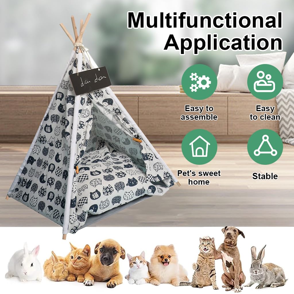 Qpets Cat House Cat Beds for Indoor Cats Puppy Bed Dog House Dog Bed Tent Pet Bed Print Pet Teepee with Cushion Pillow, Assemble Tent Bed for Kitten, Cat, Dog, All Season Use