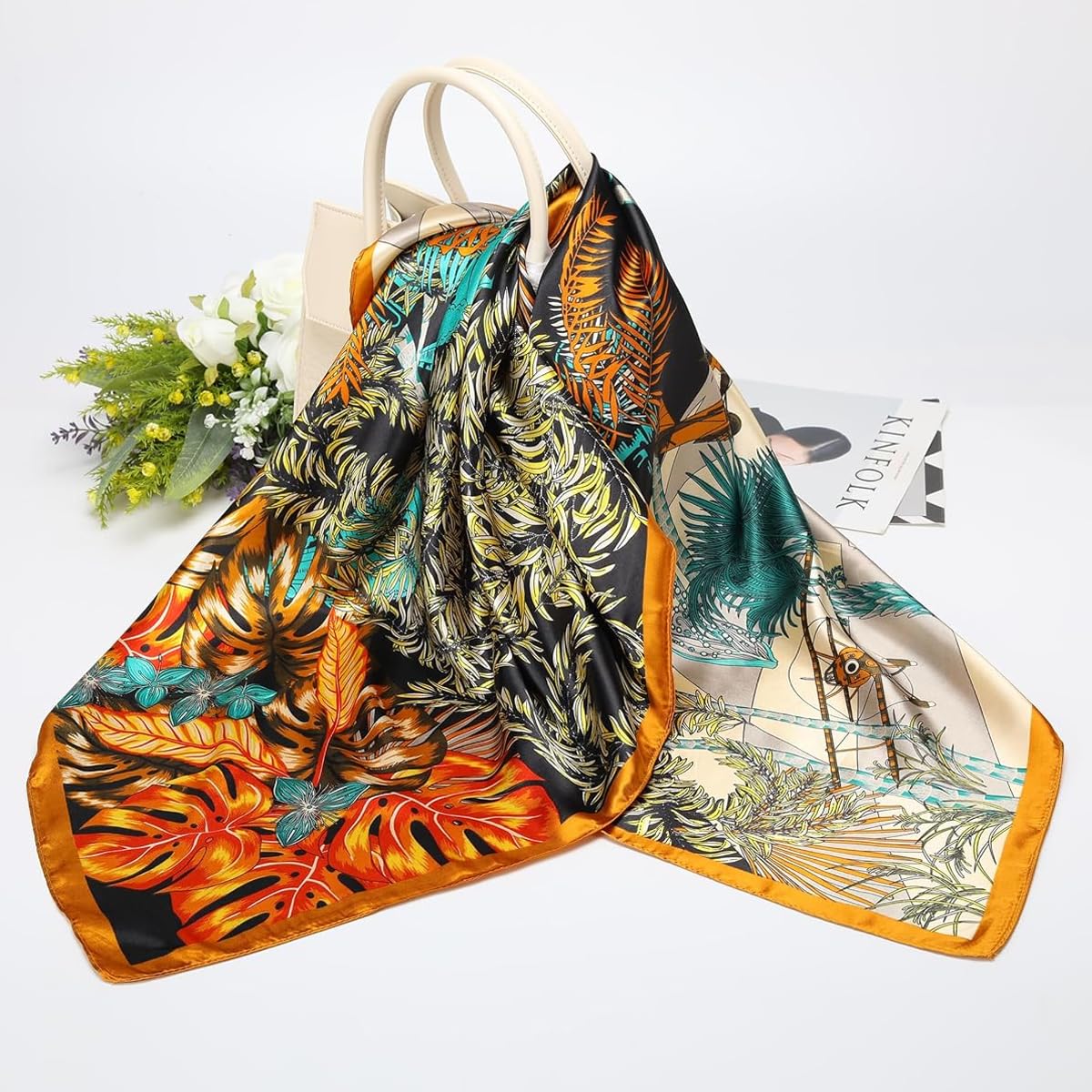 PALAY Women Neck Scarf 35 Inches Square Silk Scarf Luxury Silk-touch Head Scarf Neck Scarf Elegant Floral Square Scarf Head Wrap Hair Wrap Fashion Women Scarf Gift for Women