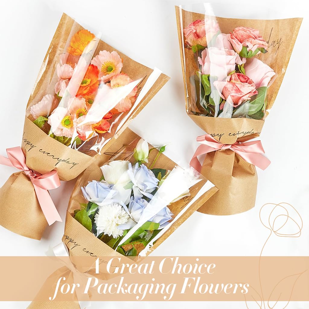 HASTHIP 20Pcs Flower Wrapping Paper Small Bouquets Wrapping Paper 17.3 Inches Brown Letter Print Packing Paper Art Craft Wrapping Paper for Small Bouquets
