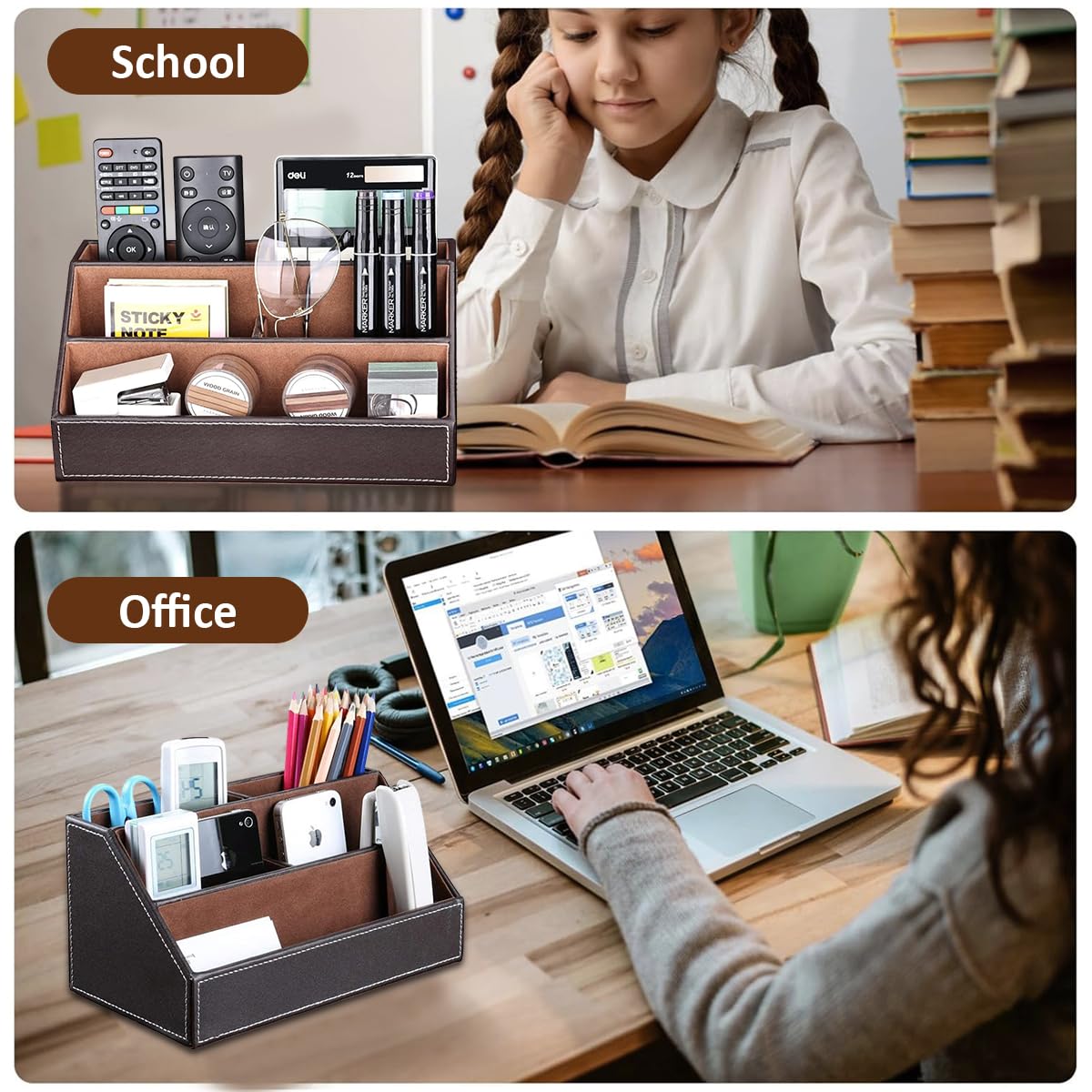 Climberty Pu Leather Desk Organizer with 5 Compartments Holder, Multi-Functional Office Supplies Storage Caddy for Pen/Pencil, Phones, Remote Controller and Desktop Accessories Brown (24x13.5x12cm)
