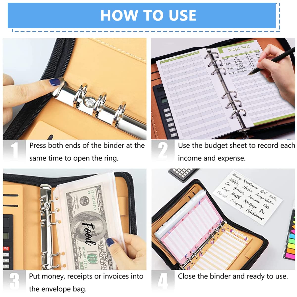 HASTHIP Leather File Folder for Documents Ring Binder Notebook Set, A6 Binder Clip Budget Notebook with Budget Sheet, Transparent Envelopes, Calculator, Cash Pocket, Multilayer A6 Notebook Folder