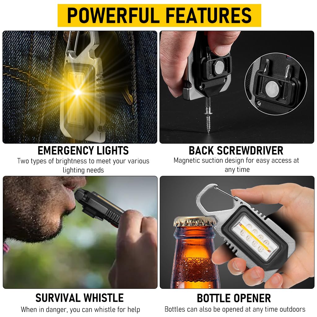 ELEPHANTBOAT 4 in 1 USB Rechargeble Keychain LED Flashlight 1000Lumens Yellow Light LED Magnet Mini Flashlight with Screwdrivers, Whistle, Multitool for Outdoor, Emergency, Night Walking