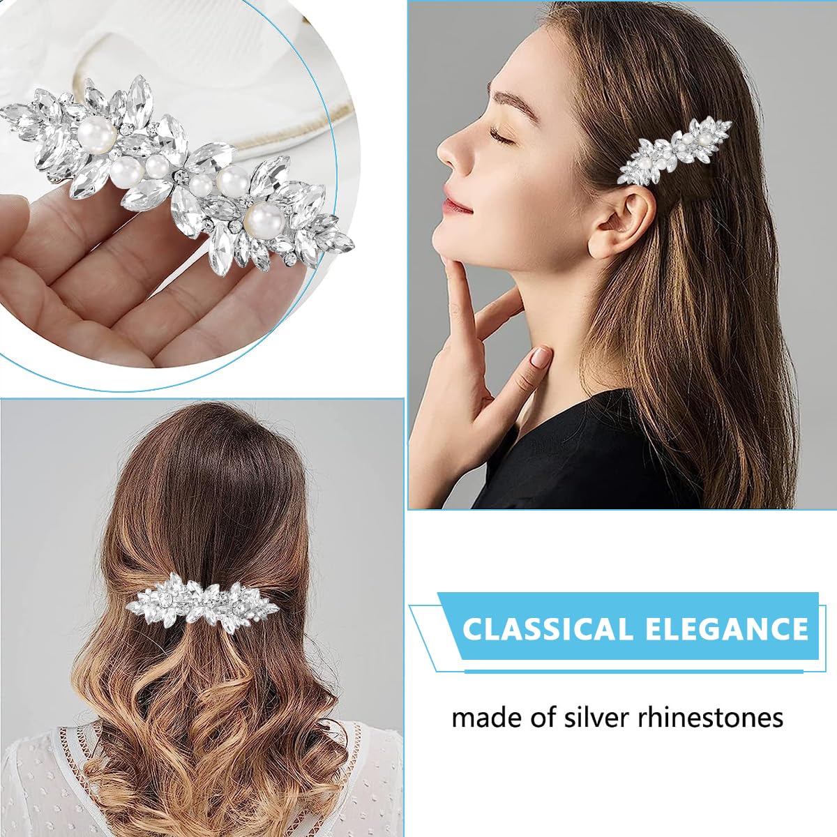 MAYCREATE 2pcs Rhinestone Hair Clips for Women Stylish Pearl Crystal Hair Pins, Silver Bridal Bun Hair Accessories for Daily, Party, Wedding