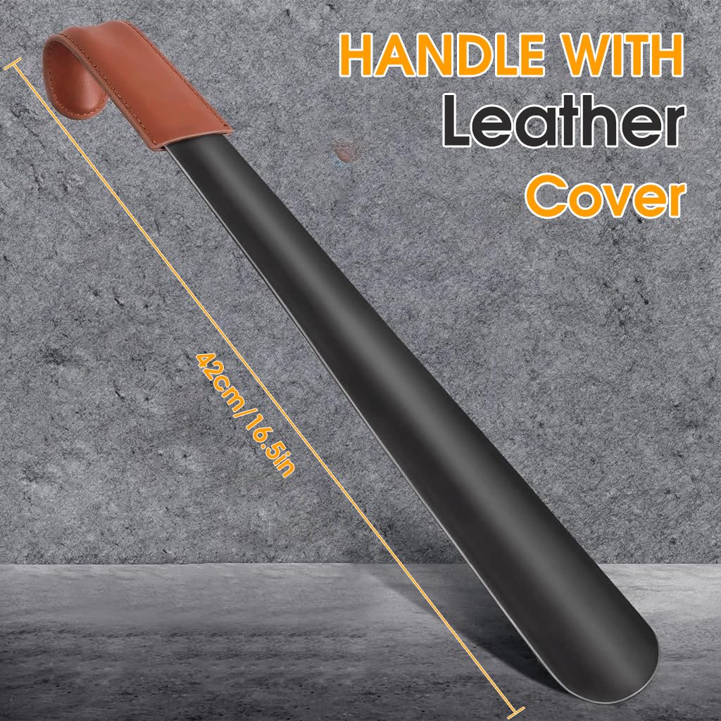 PALAY Shoe Horn for Men Long Handle Shoehorn Stainless Steel 16.5 In Shoespooner with Leather Handle Cover for Seniors, Pregnant Women, Kids - Hanging Design
