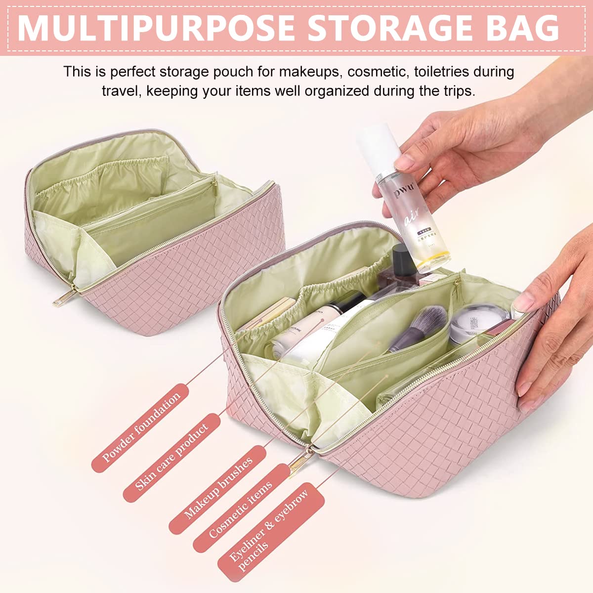 MAYCREATE Large Capacity Cosmetic Travel Bag, Cosmetic Pouch PU Waterproof Design with Handle and Divider, Wide Opening Cosmetic/Makeup Organizer Bags for Women
