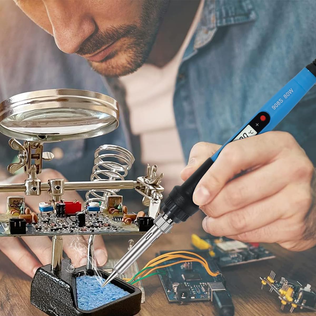 Serplex Electronics Soldering Iron Kit 80W LCD Digital Display Welding Tool with Adjustable Temperature 5pcs Solder Iron Tips Desoldering Pump Tweezers Stand Solder for Soldering Set