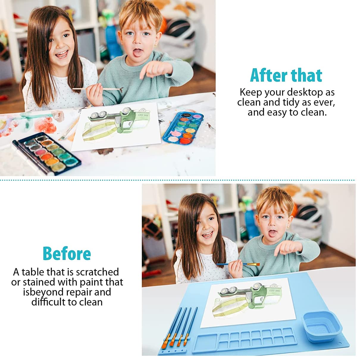 HASTHIP 50*40cm Silicone Craft Mat for Painting Play Doh and Clay for Kids, Non-Stick Multipurpose Silicone Sheet with Cleaning Cup and Color Mixing Plate for Arts and Crafts, Painting, Resin Casting