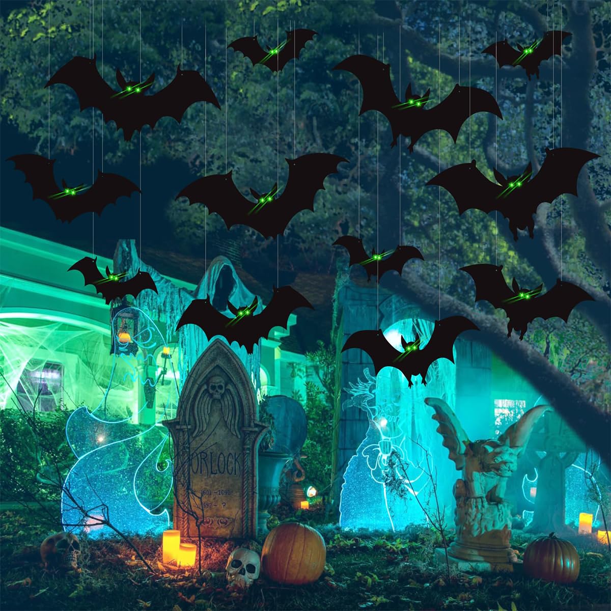 HASTHIP 13Pcs Halloween Home Decorations PVC Black Bats Silhouette with Glow-in-the Dark Eyes Halloween Tree Hanging Decoration Halloween Garden Decor Wall Hangings