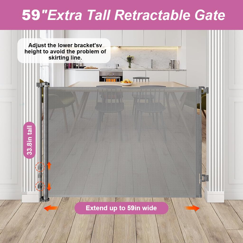 SNOWIE SOFT Retractable Baby Safety Gate Fence Gate with Lock, Buckle Door Barrier Staircase Gate Door Gate Barrier for Babies Toddler, Dogs, Cats, Pets in Balcony, Bedroom, Living Room, 33