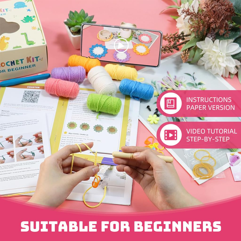 PATPAT DIY Crochet Material Kit 6 Colors Coasters DIY Crochet Floral Coasters and Smile Crochet Cup Material Kit DIY Handmade Crochet Coasters Gift Crochet Starter Kit