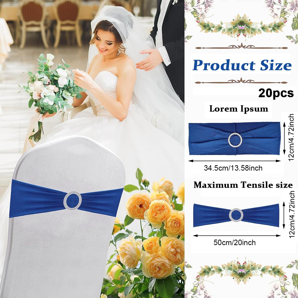 HASTHIP 20Pack Chair Sashes Chair Bows Stretch Chair Sashes Spandex Chair Cover Band with Buckle for Wedding Hotel Banquet Birthday Party Home Decorations, Blue