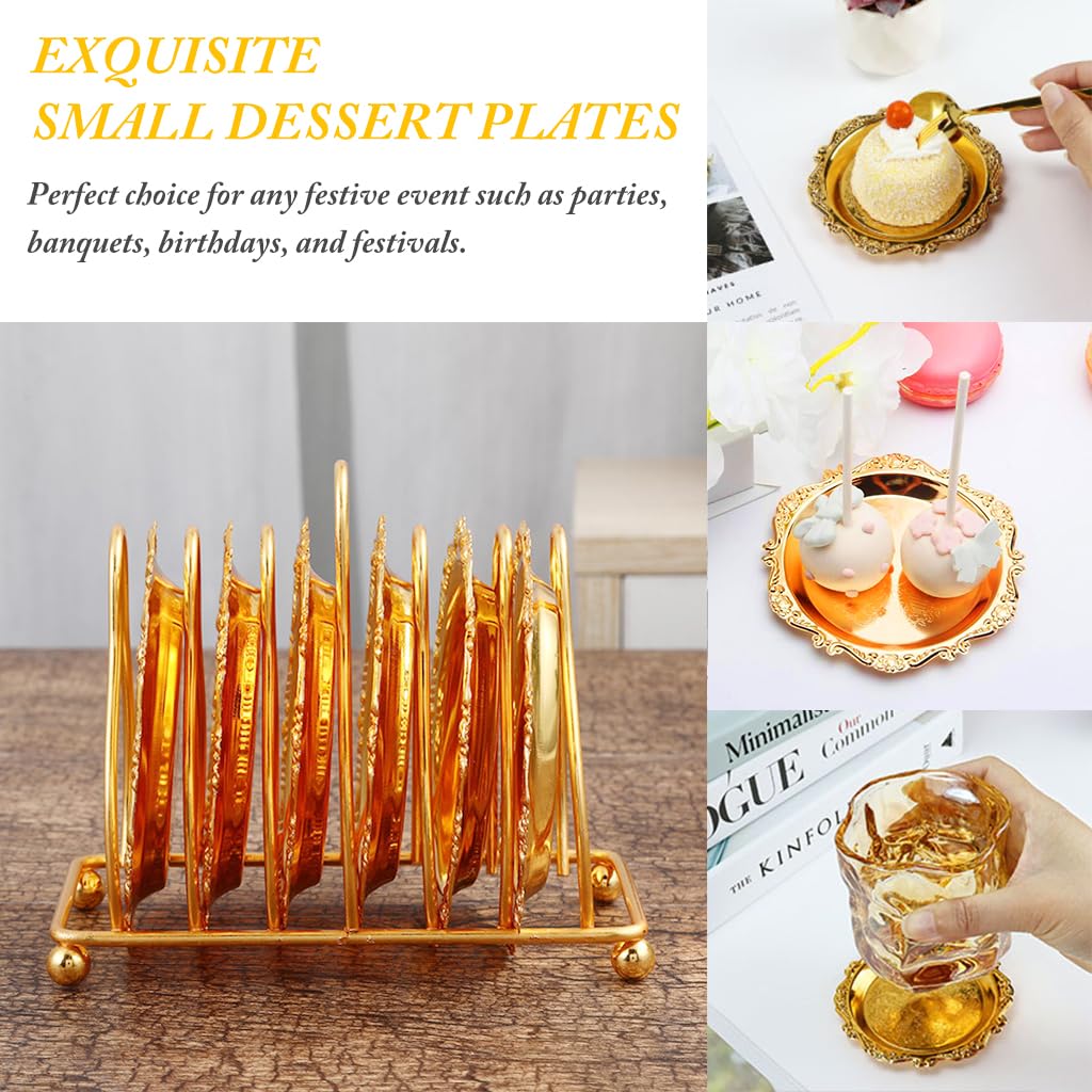Supvox Set of 6 Small Dessert Plates 3.9 inches Golden Dessert Plates with Golden Metal Stand Luxury Golden Embossing Dessert Plates for Party, Banquet, Birthday, Festivals