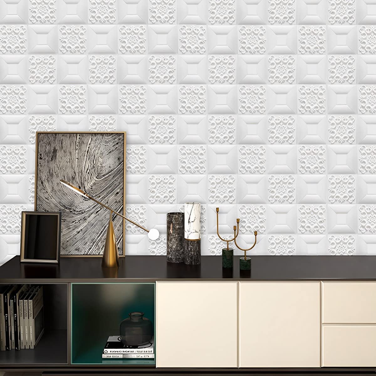 HASTHIP 5PCS Wall Stickers, 3D White Brick Wallpaper for Wall PE Foam Wall Stickers Self Adhesive DIY Wall Decor, 70 * 70cm(27.5'')