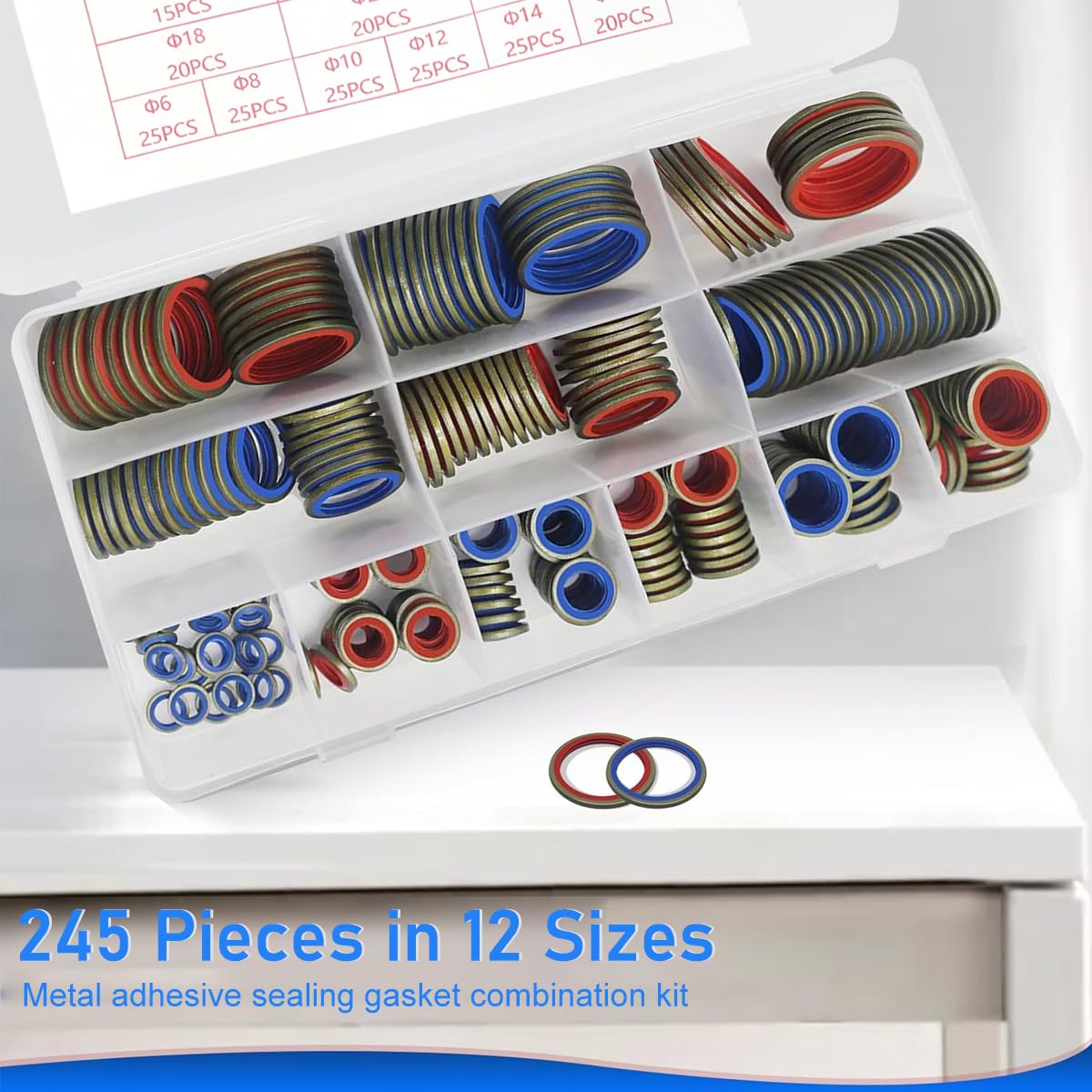 Serplex 245Pcs Sealing Washer Assorted 12 Sizes O Rings with Storage Box, O Ring Washer Gaskets Metric Rubber Rings Replacement O Rings for Automotive Plumbing Faucet Repair