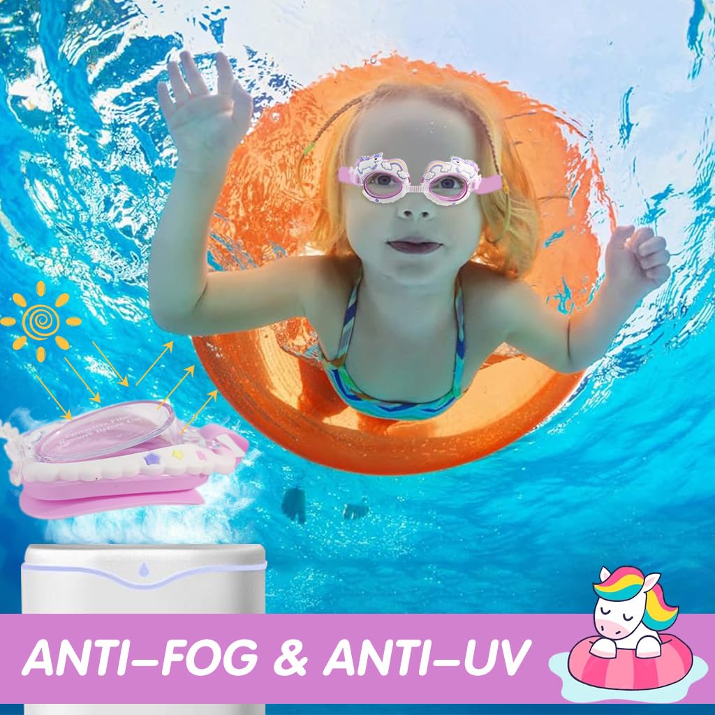 Proberos Kids Swimming Goggles, Grils Adjustable Strap Goggles for Swimming, Rainbow Horse Waterproof Swimming Goggles Swimming Goggles Anti-Fog, UV Protection for Kid(Age 3-10)