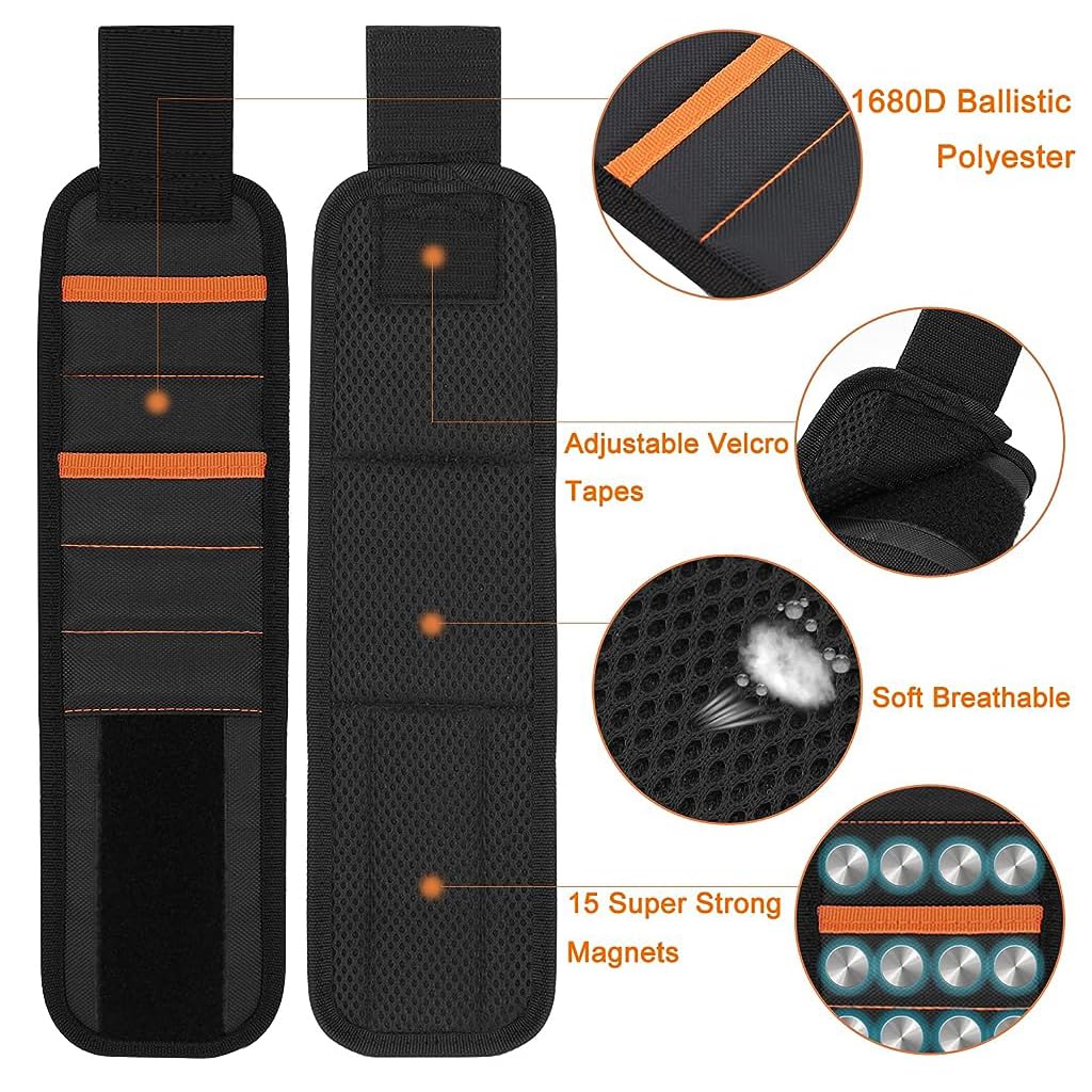 Serplex Magnetic Wristband with 15 Strong Magnets for Holding Screws, Nails, Drill Bits, Screws Holder Screws Organizer Tool Organizer Wristband Magnetic Tool Wristband Tool Gifts for Men