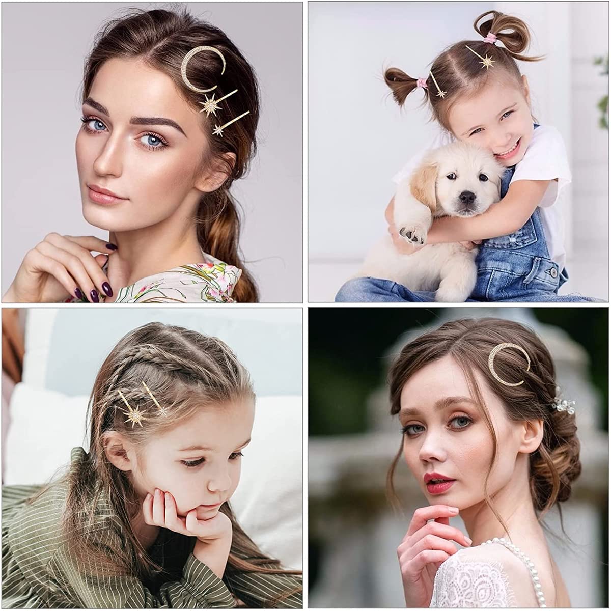 SANNIDHI 3 Pcs Star Moon Hair Clips for Women Stylish Latest Hair Pin for Girls, Alloy Rhinestone Korean Clips for Hair Accessories Bobby Pins Side Grips Hairpin