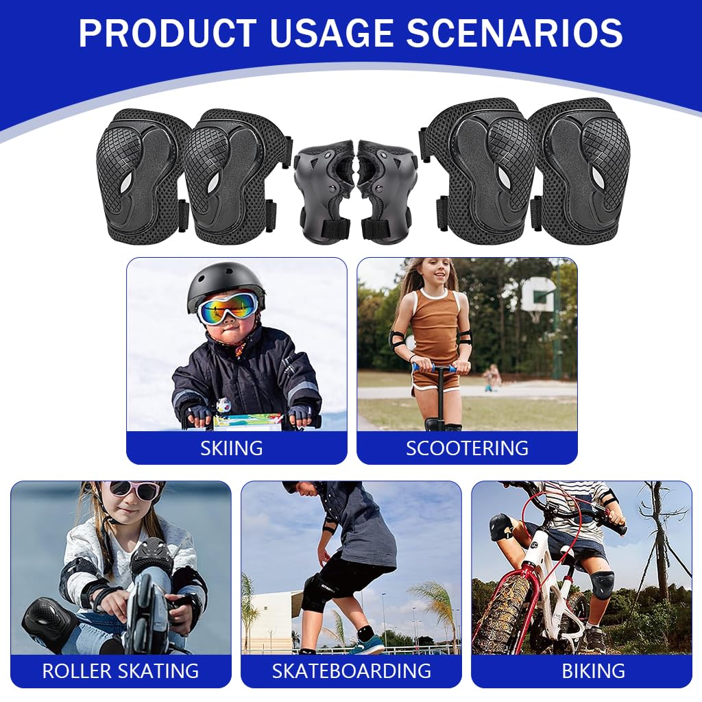 Proberos 6Pcs Kid Protective Set, Arm Guards & Elbow Pads Thicken Breathable Pads Guards for Rollerblading, Cycling, Skating and Other Activities Prone to Knee Injury, Black