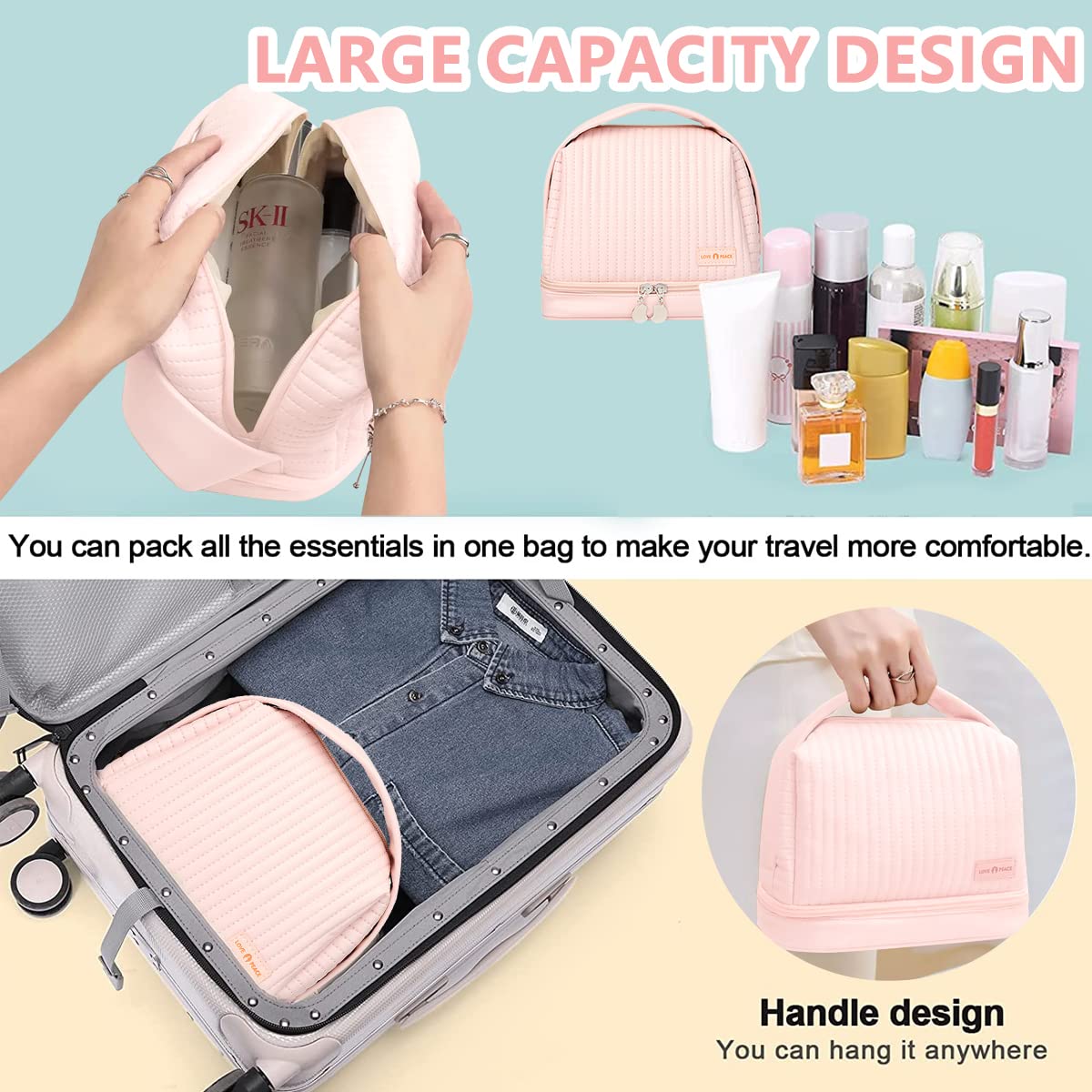 MAYCREATE Makeup Bag, Large Capacity Travel Cosmetic Bag, PU Leather Waterproof Cosmetic Bag, Women Portable Travel Makeup Bag With Handle Makeup Organizer Bag for women and girls, Pink