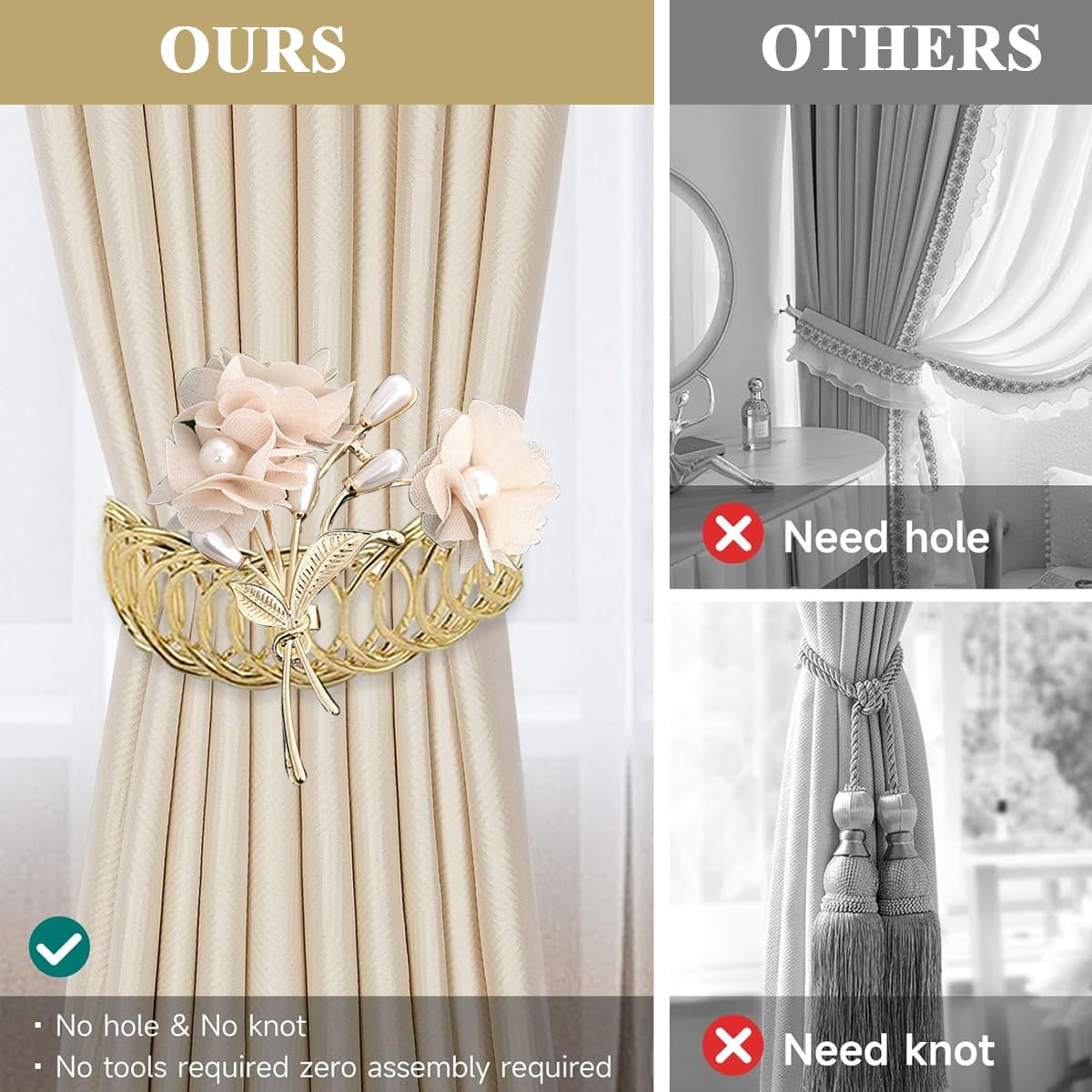 HASTHIP Curtain TieBacks, 2 Pack Pearl Curtain Tie Backs, Modern Decorative Curtain Holdbacks Holder with Elastic Cord Drapes Clips Buckle