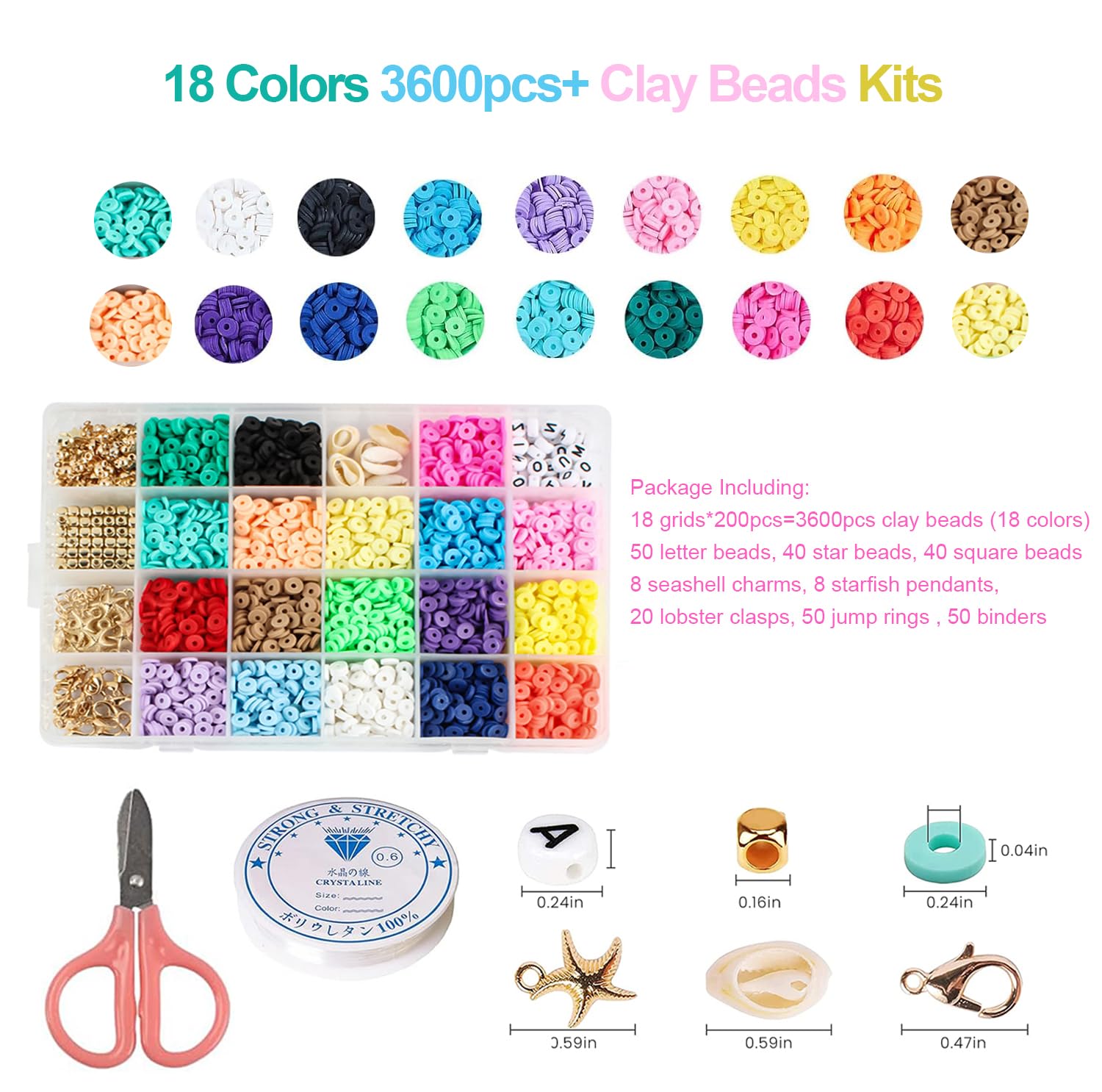 SANNIDHI Clay Beads for Jewelry Making 468pcs Kit, Color Flat Round Spacer Beads with Pendant Charms, Elastic Strings and Scissors Set for Bracelets Necklace DIY Crafting Supplies