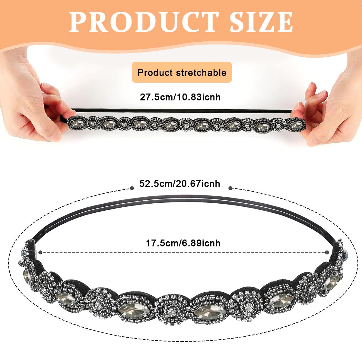 PALAY 2pcs Beaded Headband for Women, Crystal Rhinestone Elastic Hair Bands Fashion Handmade Headband for Girls Ladies Gift