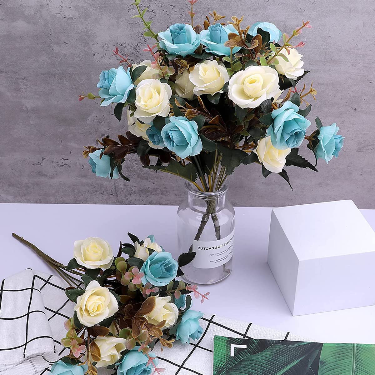 HASTHIP 2 Bundles Artificial Rose Flowers, No Vase Included, Artificial Blue and White Rose Flower Decor for Wedding, Party, Home Decoration, Desk Artificial Flowers Decoration Home Decor