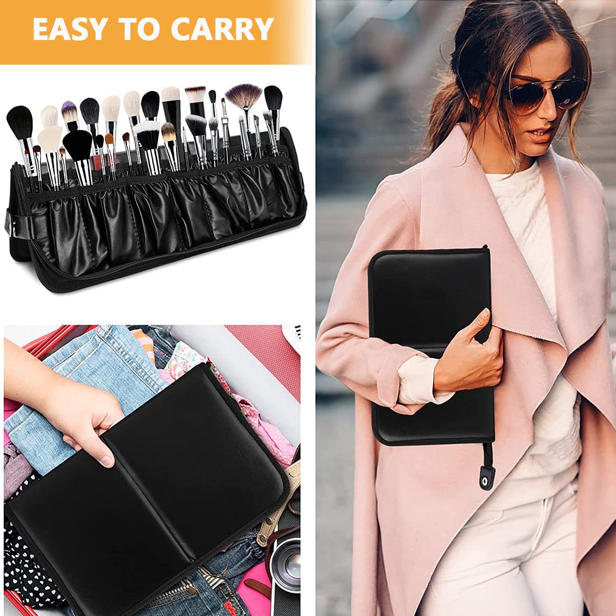 MAYCREATE Makeup Brush Holder Bag Portable Travel Makeup Organizer Bag Foldable Zipper Cosmetic Makeup Brush Pouch Storage Case with 29 Elastic Pockets