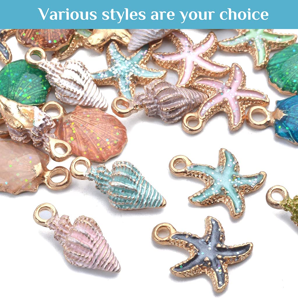PALAY 30pcs Assorted Charm Pendants Lovely Gold Plated Enamel Marine Life Shell Starfish Conch Mixed for Jewelry Making