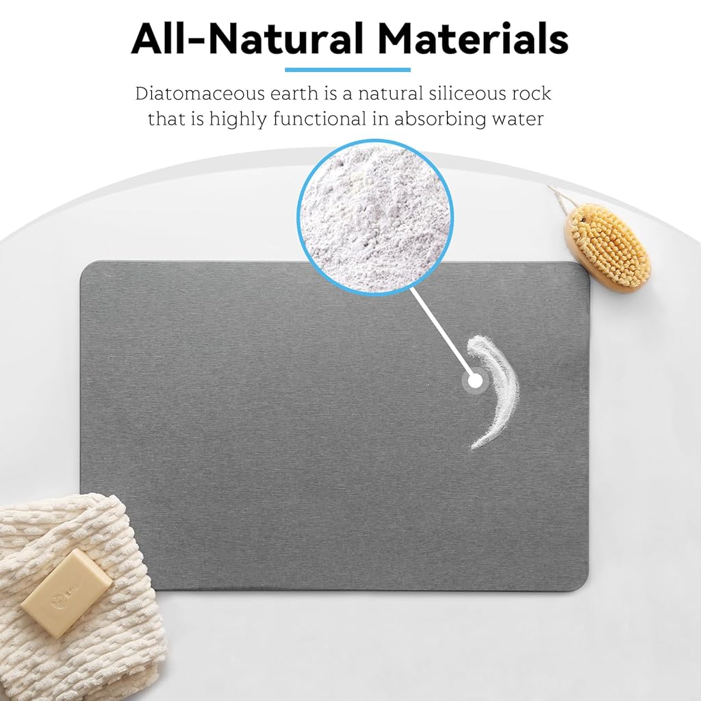 HASTHIP® Bath Mat,Quick Dry Absorbent Floor Mat Anti-slip Diatomaceous Earth Bath Shower Bathtub with Clear Double Sided Anti-skid,15.75x11.8 inches Grey
