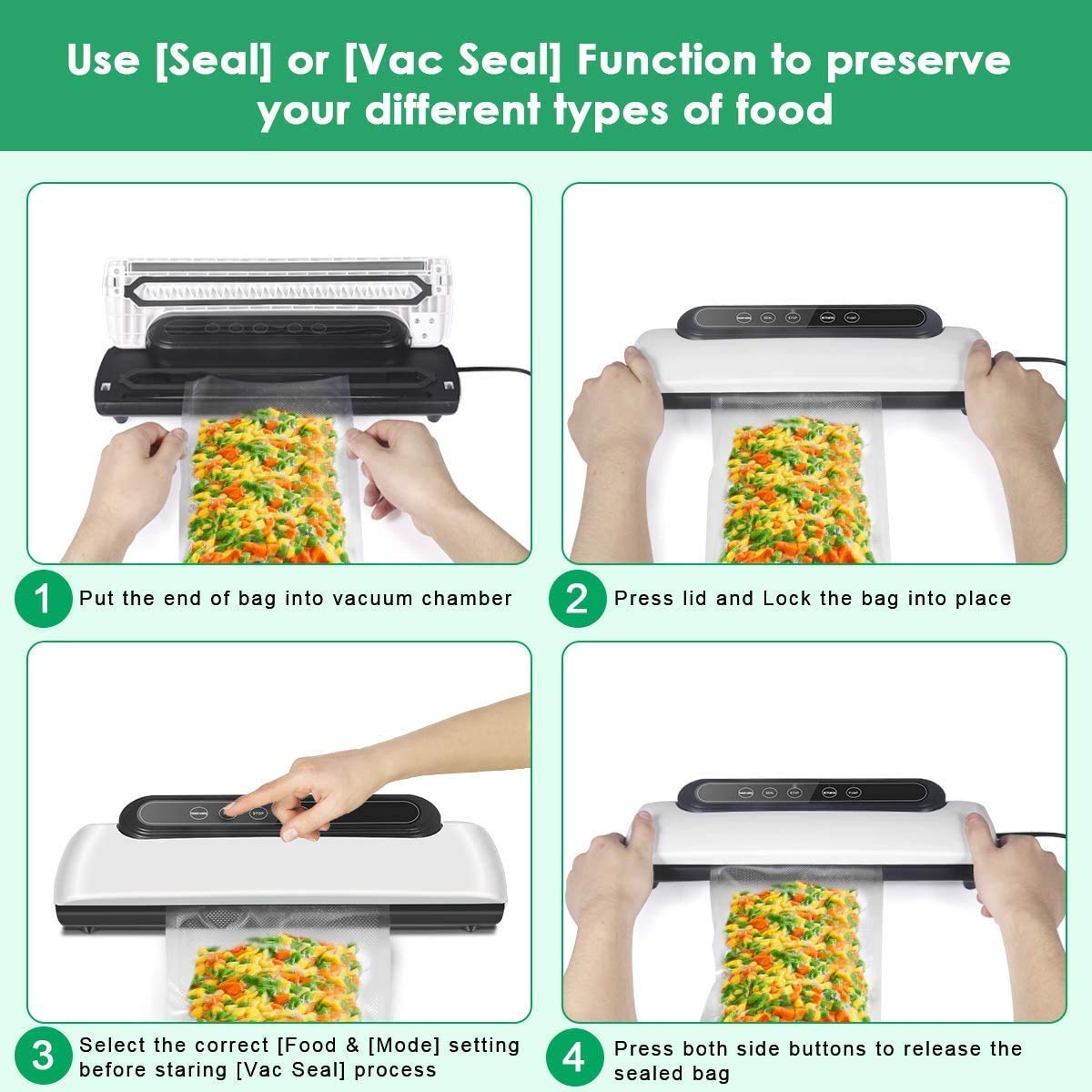 HASTHIP Vacuum Sealer, Automatic Food Sealer with Built-in Cutter& Roll Bag Storage, Machine for Food Storage and Preservation with Dry&Moist Modes with 10 Reusable Bags