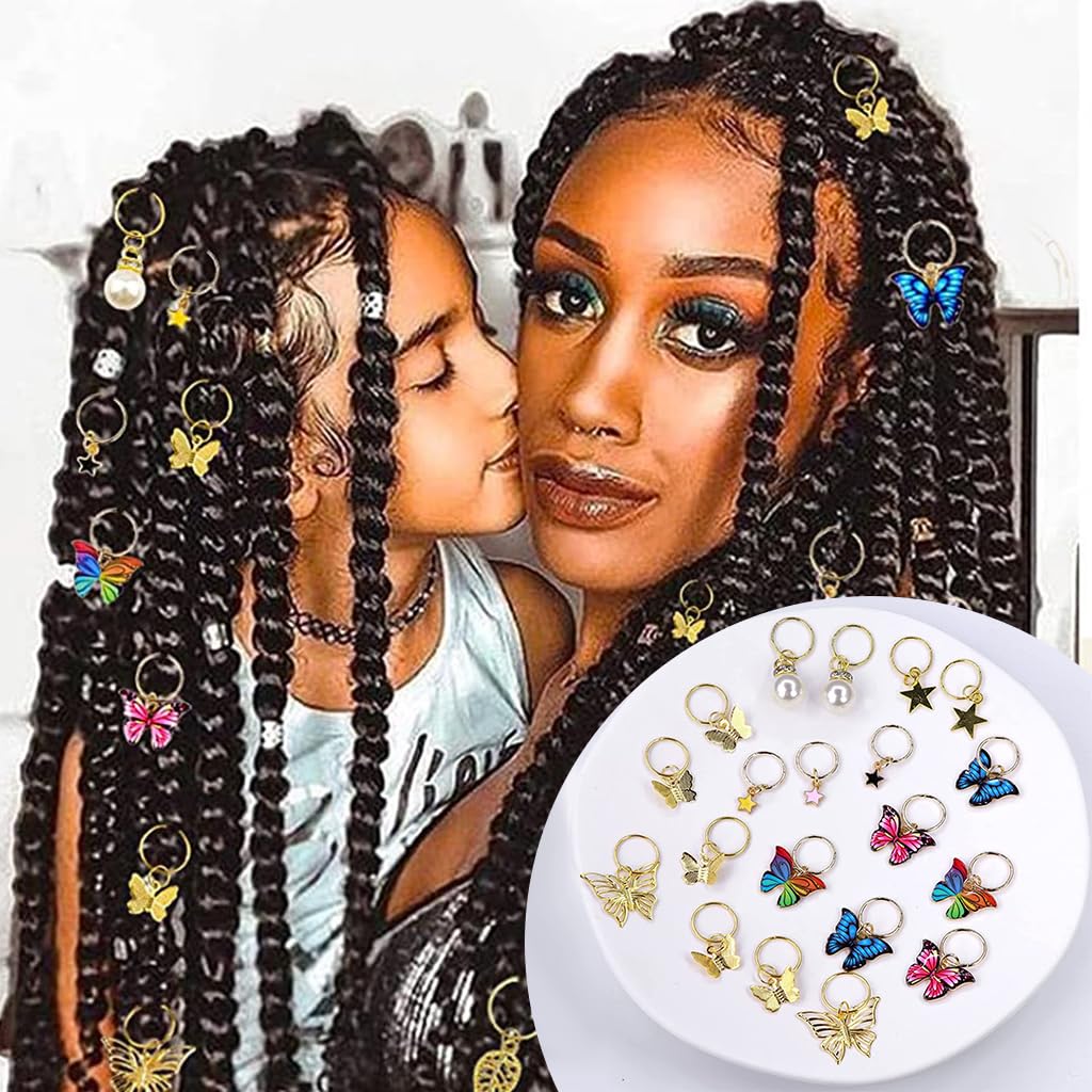 PALAY 20Pcs Butterfly Charms Hair Rings Butterfly Pendent Charms for Dreadlocks Girls Hair Accessories Butterfly Ring Charms Pearl Rings Charms for Braids Pendent Charms Hair Styling Accessories
