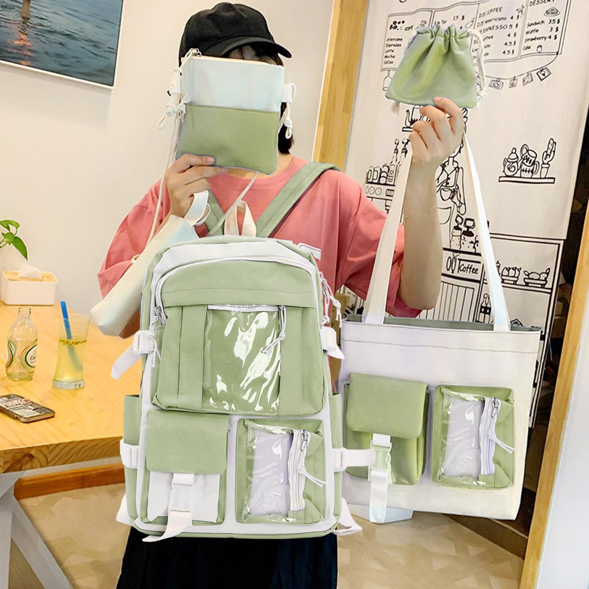 PALAY Cute Backpack for Girls Canvas Backpacks Set with Canvas Tote Bag Waterproof Multi-Pocket Kawaii School Backpack for Kids Laptop School Bag