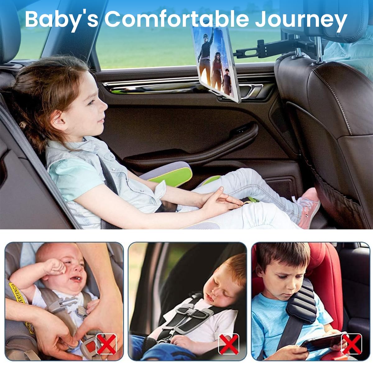ZORBES Car Tablet Holder, 360° Rotation Headrest Mounted Mobile Ipad Holder, Retractable Tab Holder Clip On for Car Tablet Holder Tablet Bracket for 5-11 Inches Phone or Tablet