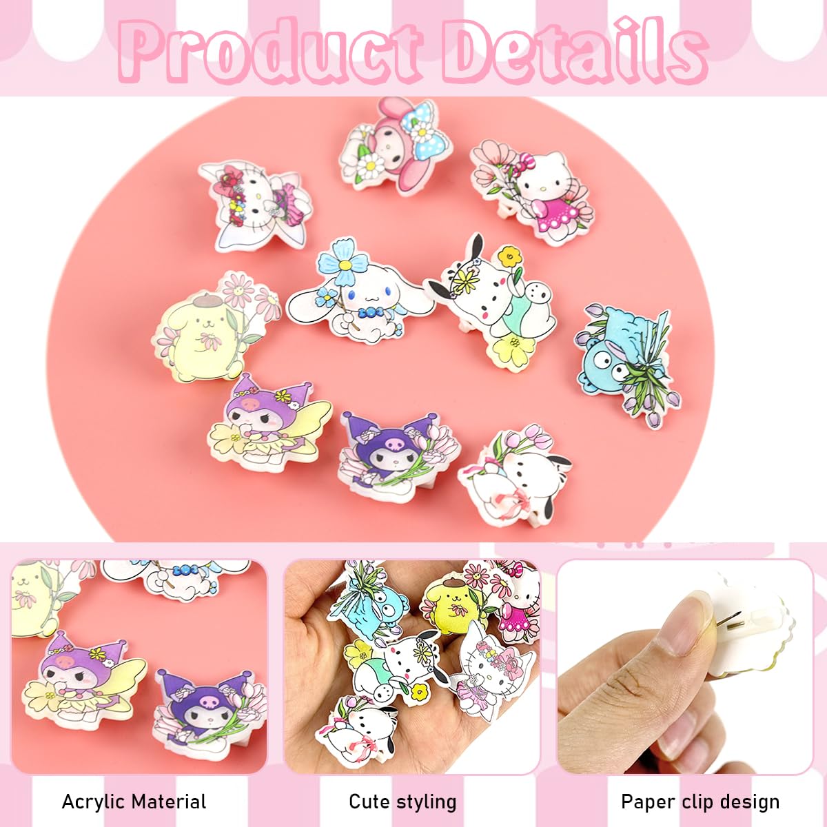 HASTHIP 10pcs Kawaii Pins for Backpacks Badges for Bags Aesthetic Acrylic Cartoon Pins Cute Kuromi Cinnamoroll Brooch Pins Sanrio Kitty Charms Pins for Kids Girls Clothing Jackets Hat Accessories