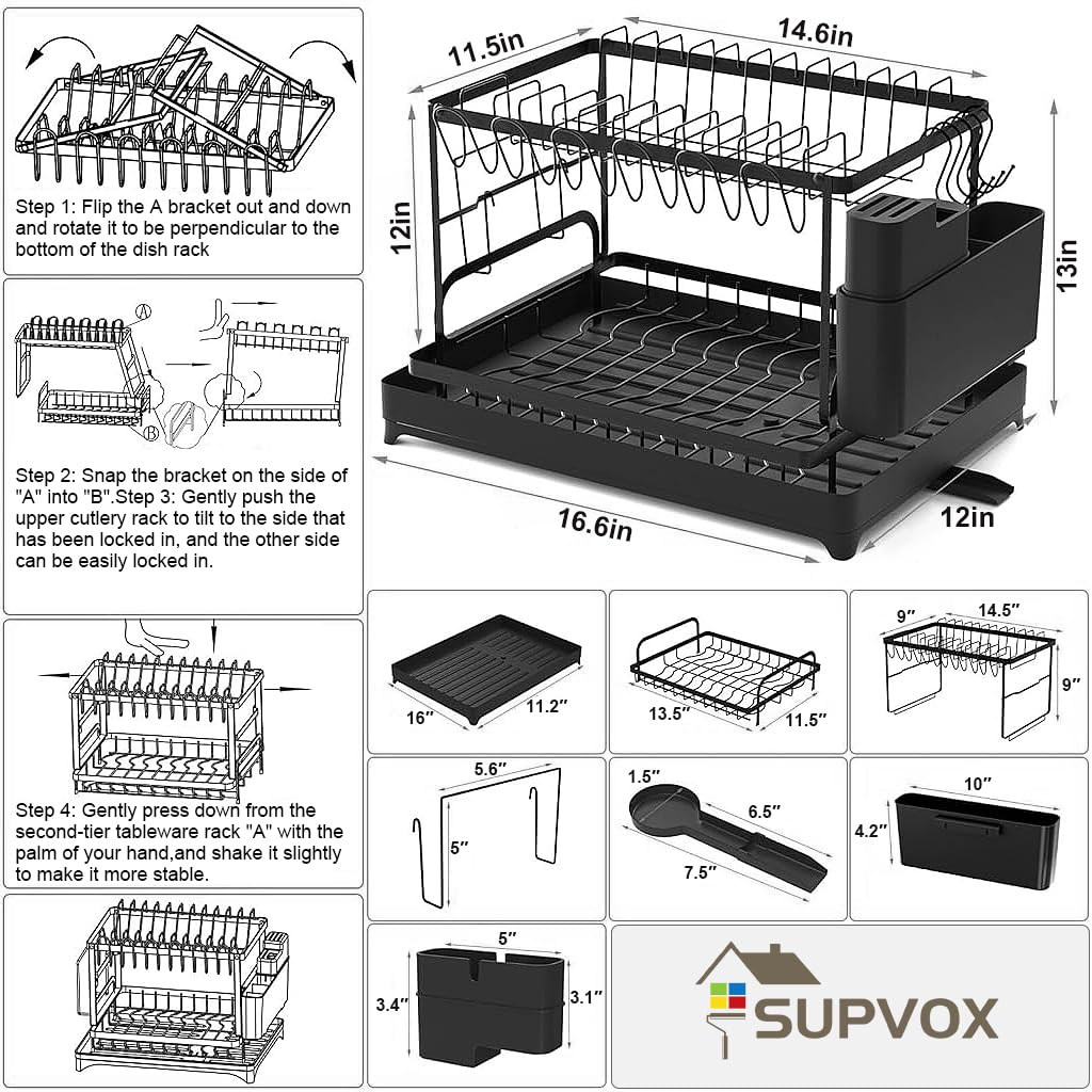 Supvox Dish Drying Rack Kitchen Organizer Countertop Double Layer Dish Drain Rack Kitchen Organizer Cup Drying Rack Kitchen Carbon Steel Plates Drying Rack Large Dish Drainer Kitchen Organizer